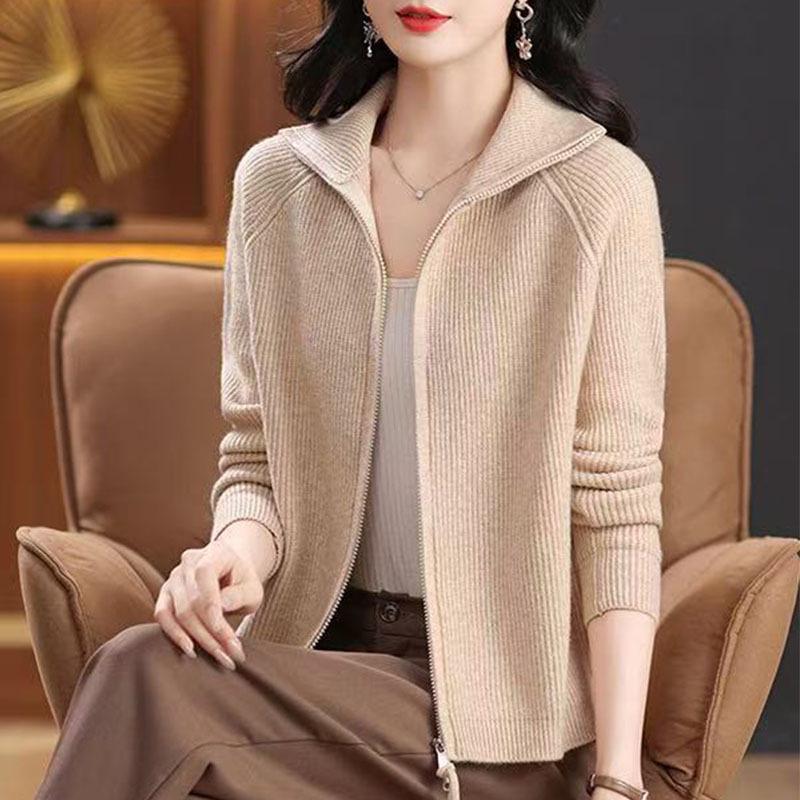 Dámský podzimní/zimní vlněný kardiganový kabát s klopovým límcem a dvojitým zipem - Módní svrchní oděv pro maminky