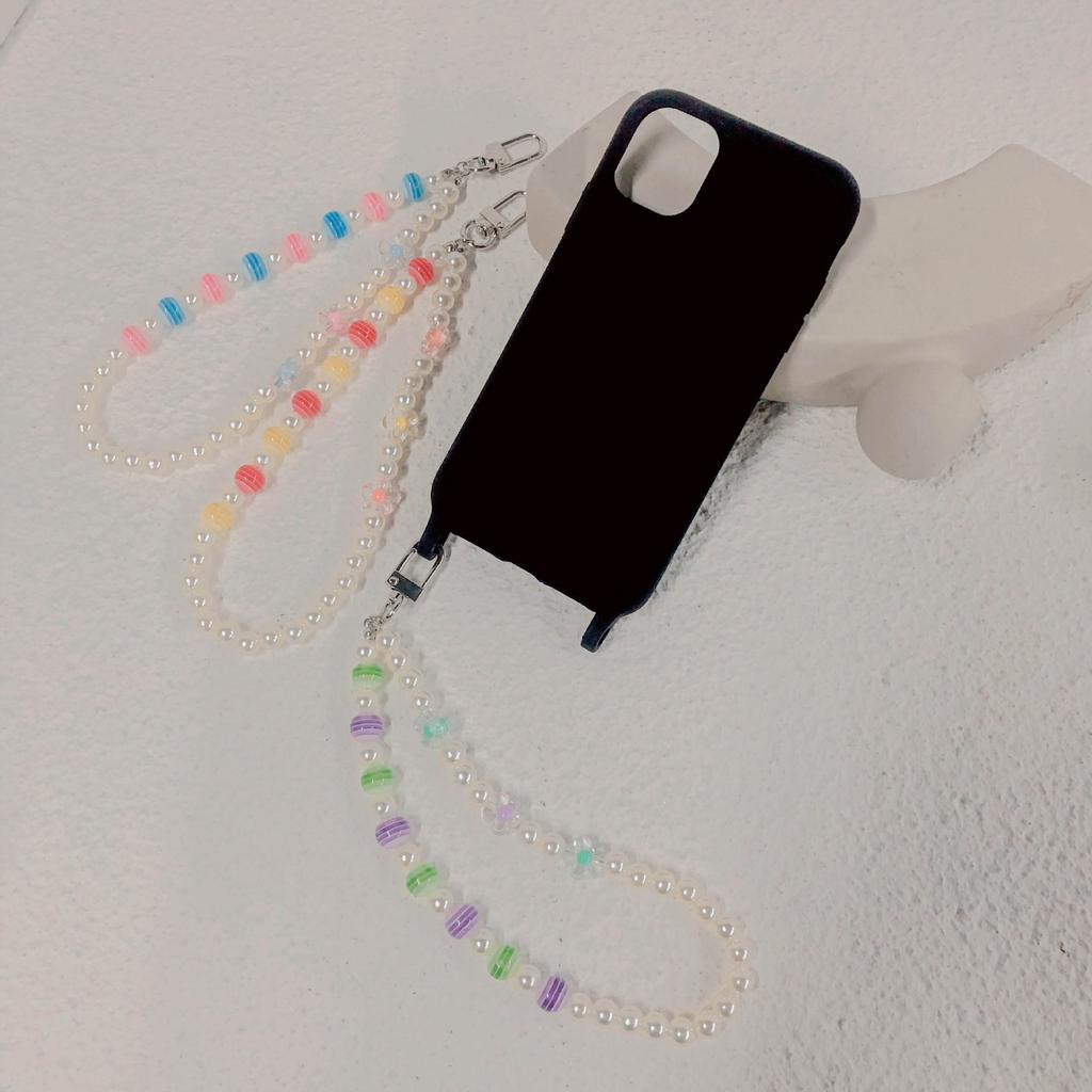 INS handmade string colored striped beads pearl flower anti-loss portable diagonal cross hand carry fashion chain mobile phone chain