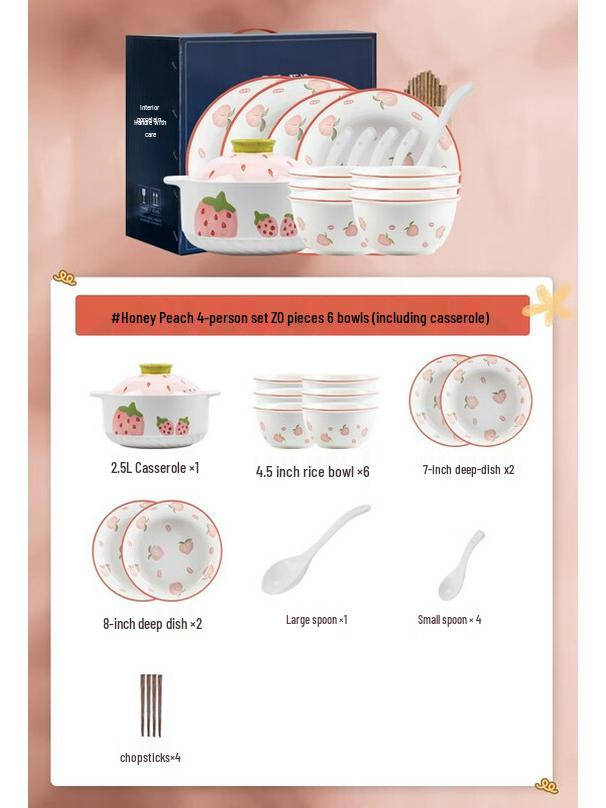 Kangmo Cute Peach Ceramic Dinnerware Set with Casserole (20-Piece)