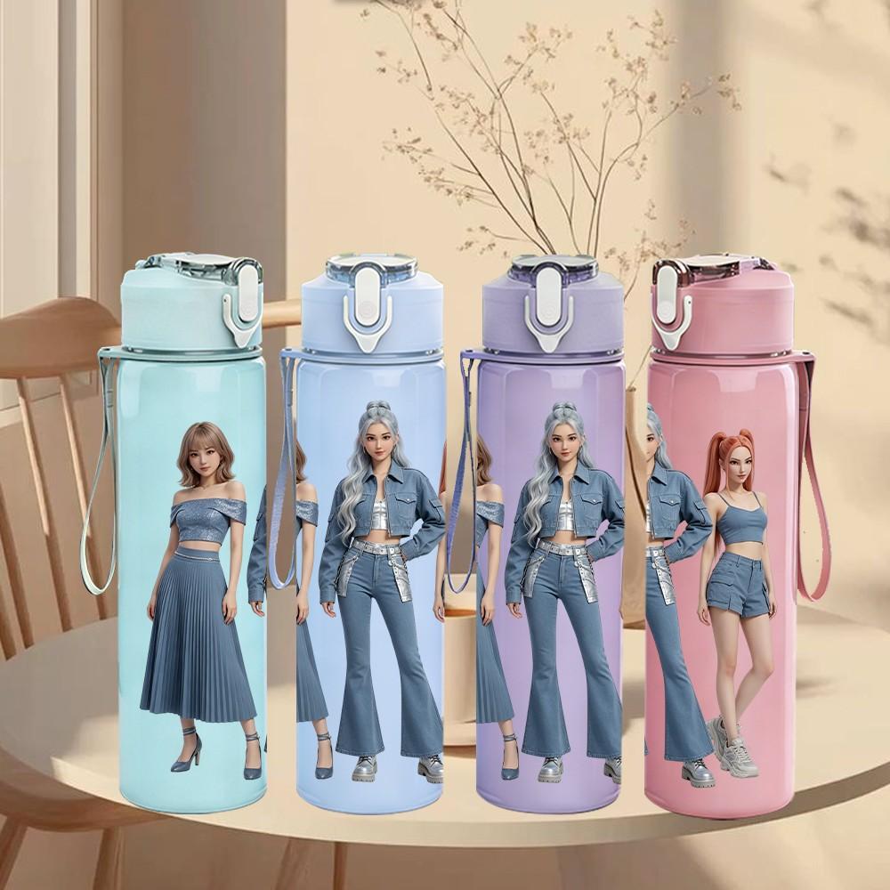 1PC Three Ladies Denim Outfit 750ml Color Plastic Sports Water Bottle Leakproof Flip Straw Lid Suitable for Sports Office Home Use