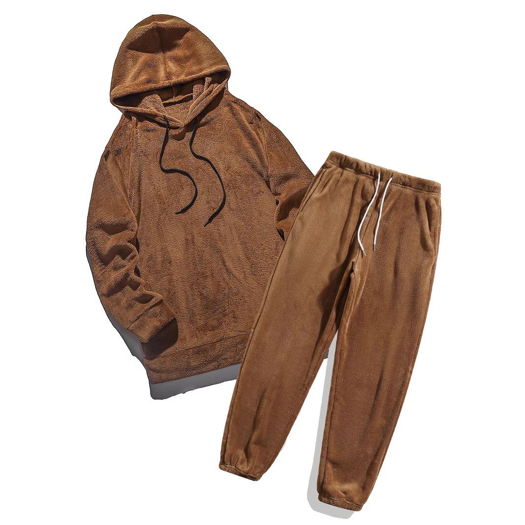 

Осень и зима Большой размер Толстовка с капюшоном Мужская повседневная Персонализированная модная толстовка Куртка из кораллового флиса Комплект длинных брюк для мужчин 2XL верблюд