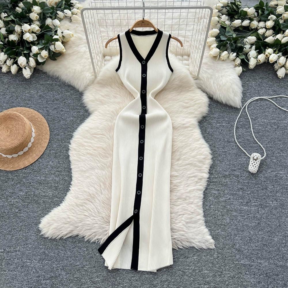 Summer Women Casual V-neck Sleeveless Single Breasted Knitted Sweater Long Midi Dresses