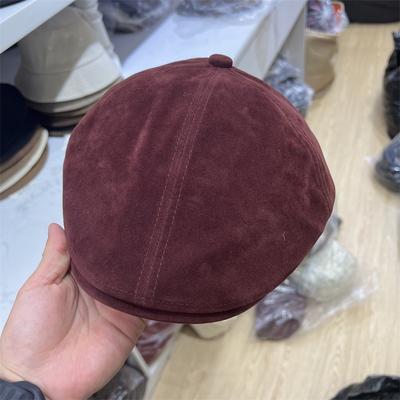 Autumn and Winter Retro Angora Red Washed Leather Forward Hat Reverse Wearing British Retro Deerskin Velvet Beret Women