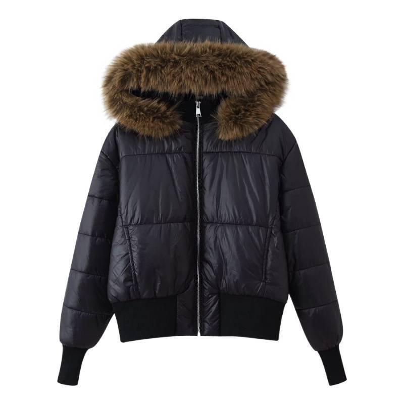 Womens Hooded Cotton Puffer Jacket With Faux Fur Trim Zipper Front Long Sleeve Pocketed Regular Fit Streetwear Style