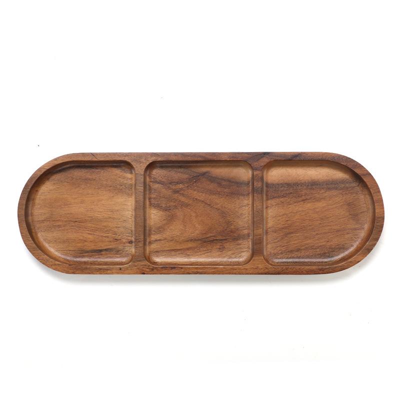 HeMu Solid Wood Three-grid Side Dish Sauce Dish Japanese Pickles Seasoning Dipping Sauce Dish Acacia Wood Partition Plate Dish