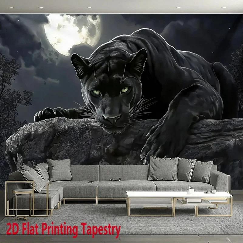 Black Panther Canvas Tapestry Moonlit Forest Glowing Eyes Polyester Wall Hanging For Home Living Room Bedroom Office Decor