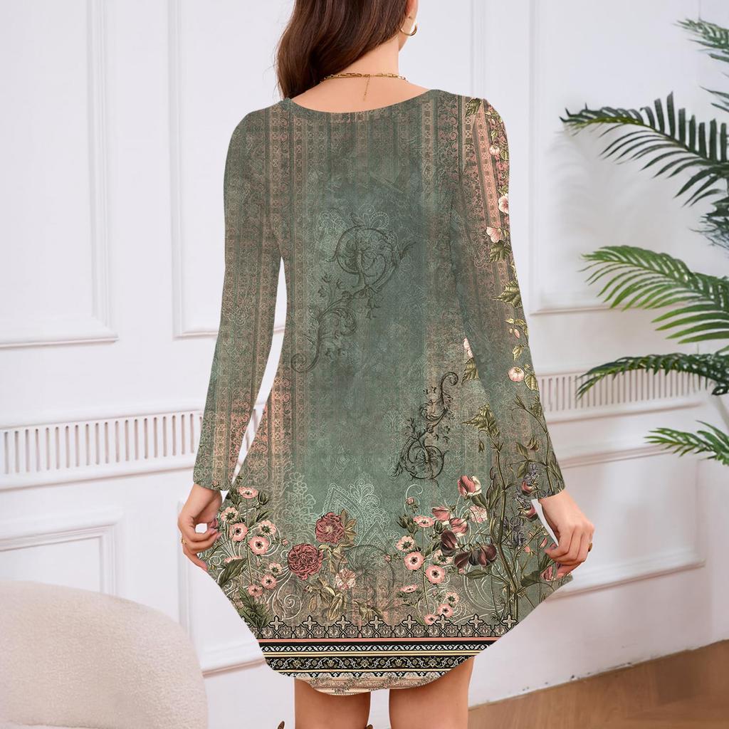 Abito Maglietta da Donna a Maniche Lunghe con Girocollo, Lunghezza al Ginocchio, Vestibilità Larga, Casual e con Tasche