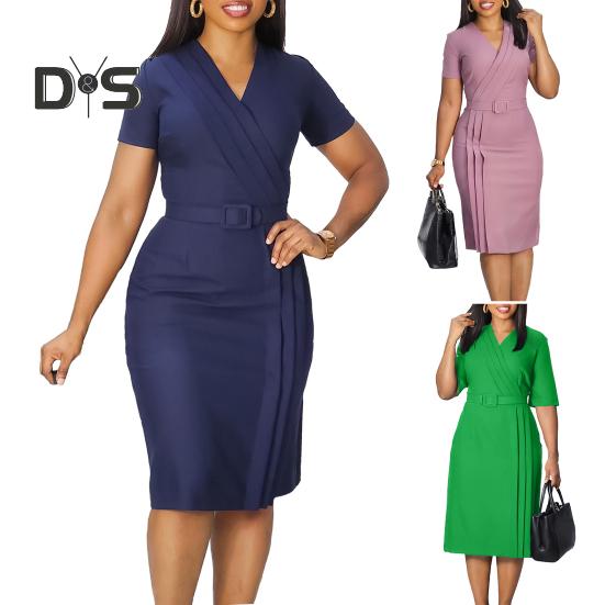 Women Formal Dress Pleated V Neck Solid Color Short Sleeves Sheath Slim Fit Tight Waist OL Commute Business Summer Midi Dress