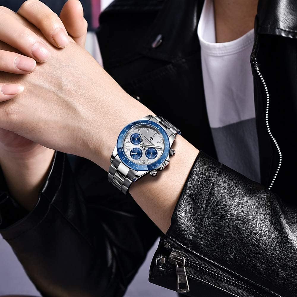 Pagani Design Men's Watch SEIKO Quartz Movement Chronograph Waterproof Ceramic Bezel Stainless Steel Blue