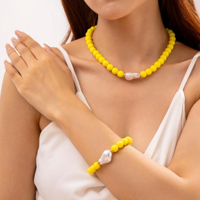 Boho Beaded Jewelry Set Irregular Imitation Pearl Charm Necklace Bracelet for Summer Beach Vacation Accessory