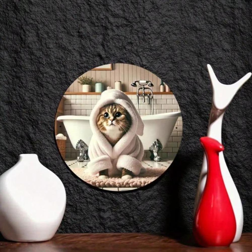Vintage Metal Wall Art Round Cozy Cat Bathrobe Waterproof Scratch Resistant Aluminum Sign for Home Decor