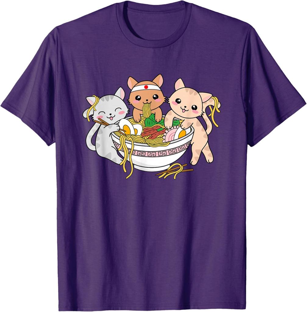 Cute Kawaii Cats Eating Ramen Japanese Noodle Graphic Tee Soft Cotton T-Shirt