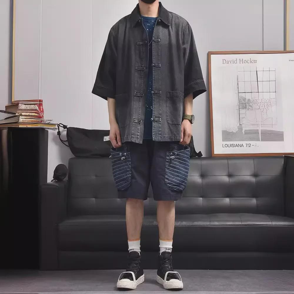 2024 Men's Retro Japanese-Chinese Buttoned Denim Shirt - Loose Casual Half-Sleeve Trendy Top