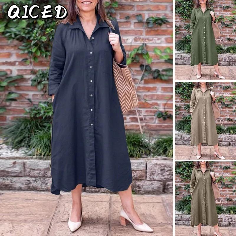 QICED Fashion Spring Autumn Solid Color Print Long Sleeve POLO Neck Casual Dresses