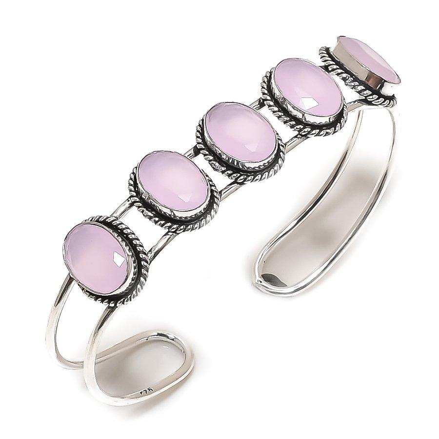 

Pink Chalcedony Gemstone Handmade 925 Sterling Silver Cuff Bangle Adjustable G9K72