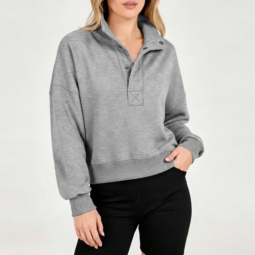 Women's Casual Loose Fit Long Sleeve Sweatshirt with Half Button Placket for Fall Winter