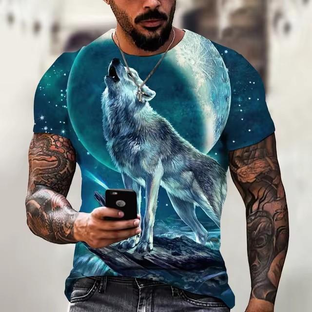 Summer Round Neck 3D Wolf Print Top Fashionable Casual Short Sleeved Men's T-shirts