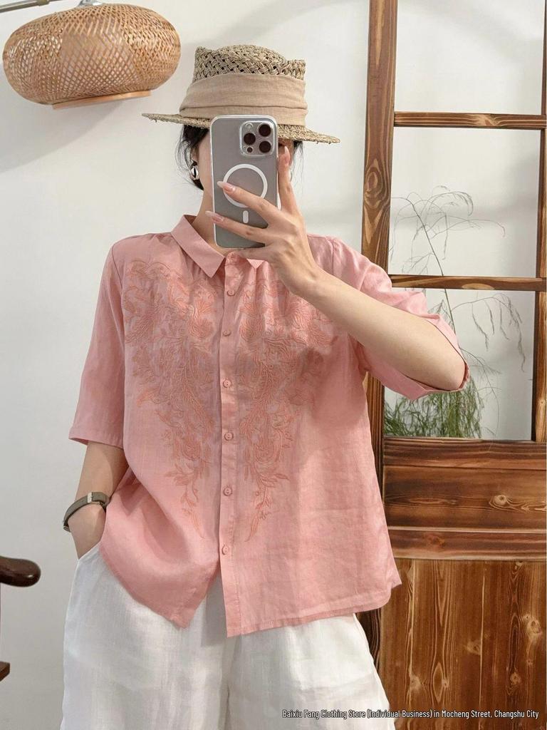 Summer 2026 Retro Embroidered Linen Blouse - Women's Short Sleeve, Slimming Shirt Collar, Loose Fit Top