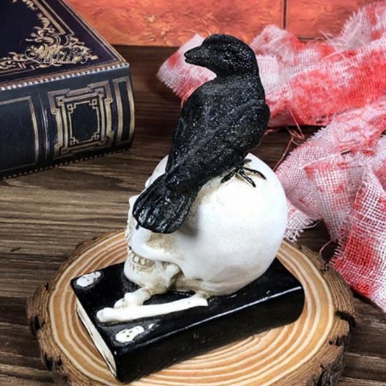 Gothic Skull Figurine Mystical Raven on Statue, Crow Perching Decor with Book, Spooky Halloween Resin Sculpture for Desk Shelf Retro Desktop
