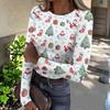 Women's Slim Fit Long Sleeve Base Layer T-Shirt with Christmas Print, Round Neck Pullover Top
