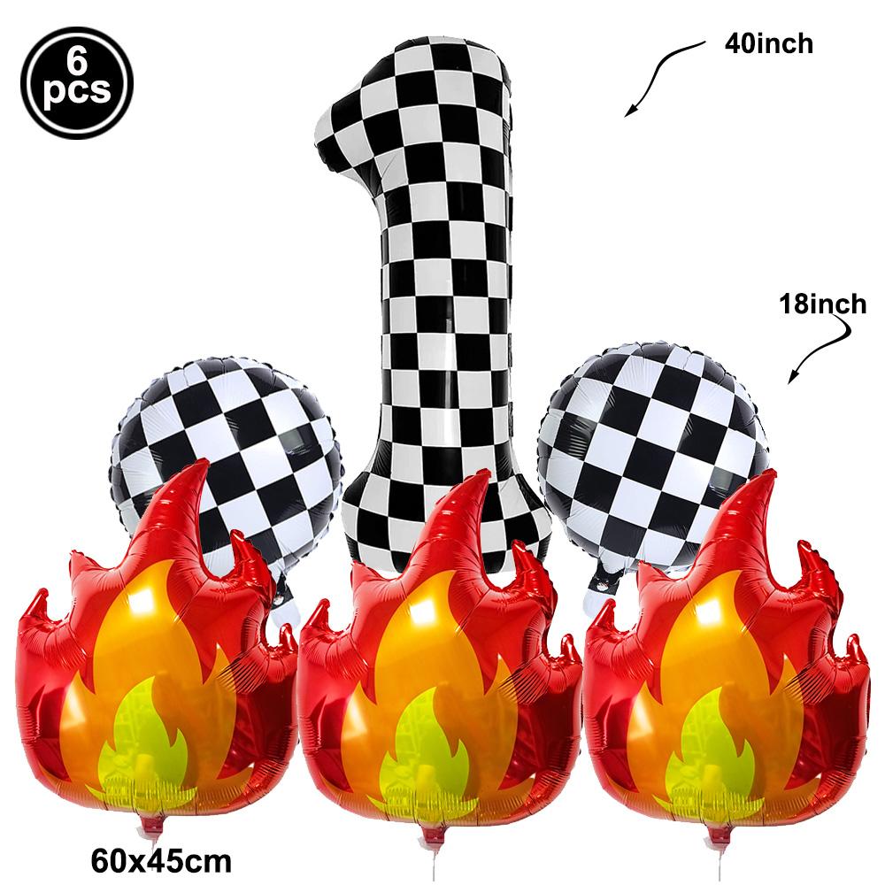 

6Pcs Large Black White Checkered Number Balloon Racing Fire Flame Balloons Boys Racing Themed Party birthday Decoration Supply As Shown