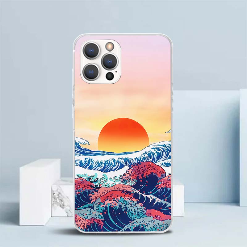 

Japanese Style Wave Art Soft Cover for iPhone 16 17 Air 15 14 Pro Max 16E Phone Case 13 Mini 12 11 7 SE 8 Print Pattern Fit Case iPhone 14 Plus