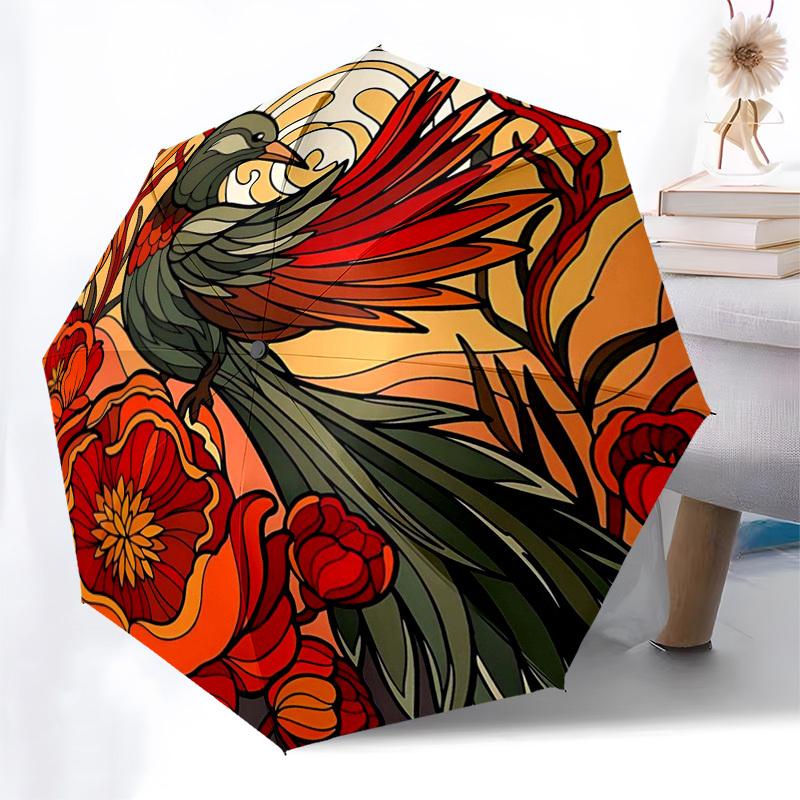 

1pc Art Nouveau Phoenix & Flowers Auto Open Close Umbrella, Portable 3-Fold Design with 8-Bone Iron Frame, Outdoor for Fans, Travelers, Daily Use, Fes