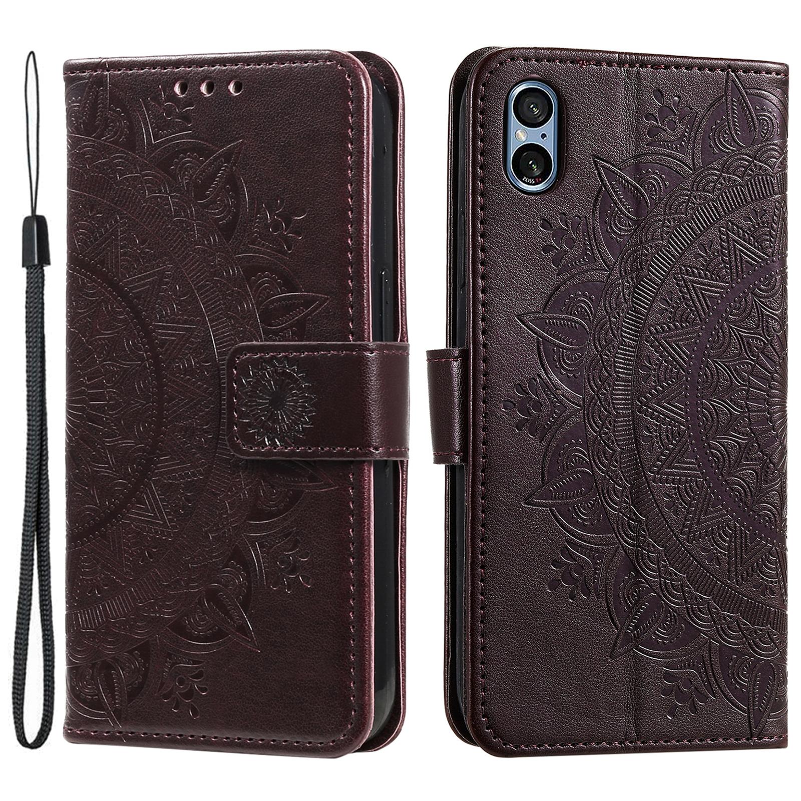 

For Sony Xperia 5 V Mandala Flower Imprinted Wallet PU Leather Phone Case Stand Cover with Strap Brown
