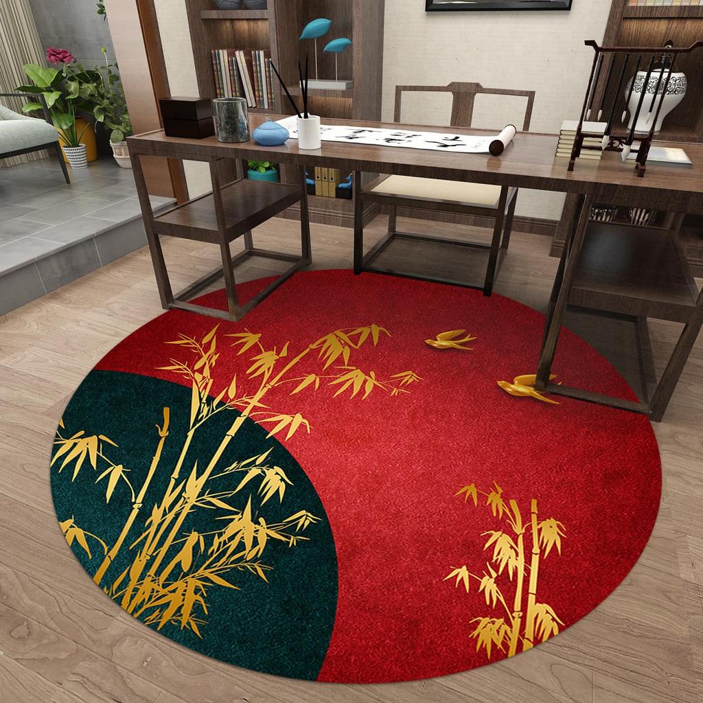 Round Chinese Style Pattern Carpet With Floral Bird Ginkgo Leaf Koi Fish Bamboo Soft NonSlip Rug For Living Room Study Bedroom