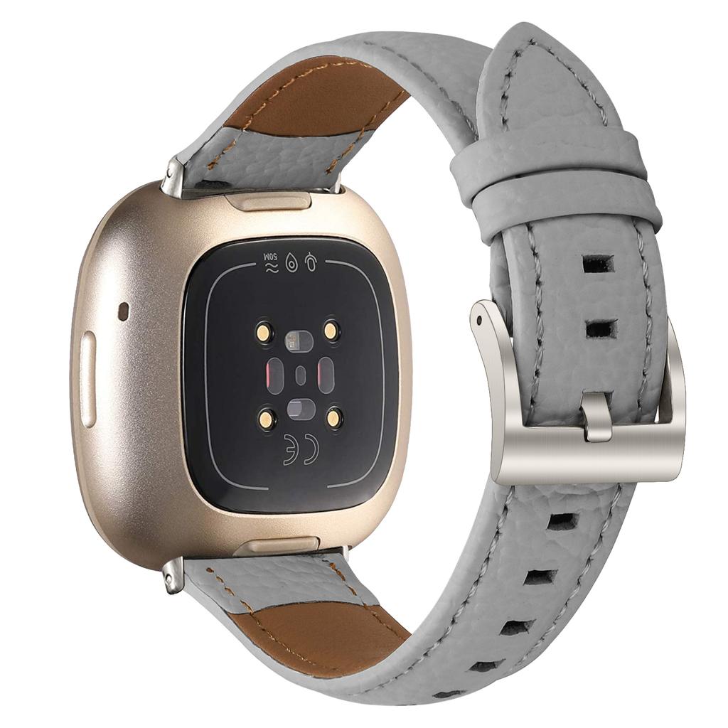 Litchi Textured Genuine Cow Leather Strap with Electroplated Buckle for Fitbit Versa 3/Sense Pointed-End Watch Band