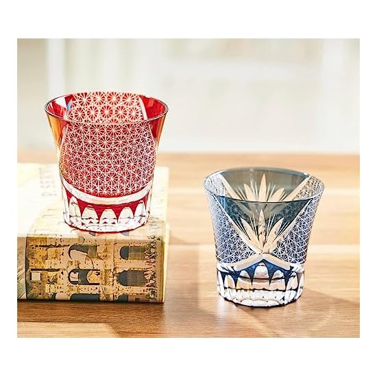 FONYUHUA Kiriko Glass Tumbler Rock Glass, Kikutsunagi Pattern, 260cc, 1 Piece, Blue