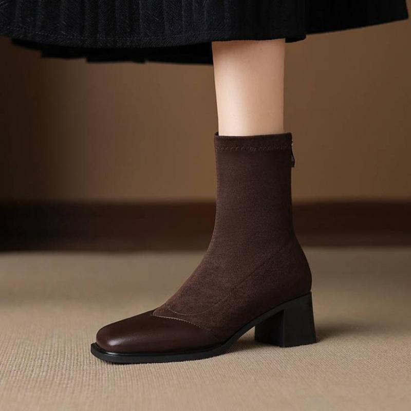Autumn and winter comfortable square head medium boots women's new large size elastic suede women's boots Korean version of the new medium heel Ma