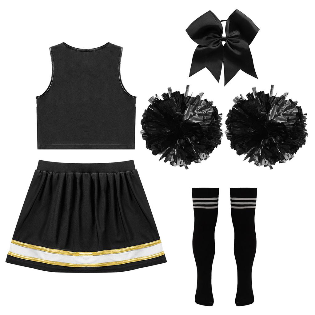 Girls Cheerleading Outfit Sleeveless V Neck Crop Top and Elastic Waist Skirt Set with Bowknot 2Pcs Hand Flowers
