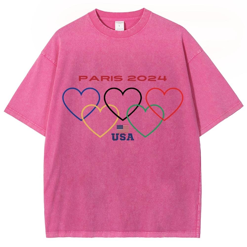 Five Colorful Hearts Print Women's T-Shirts Loose Wash Oversized Short Sleeve Trendy Brand Street  Tops
