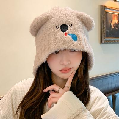 Snot Bear Knitted Hat Ear Protection Beanie Hat for Women Winter Cartoon Cute Versatile Warm Bear Hat