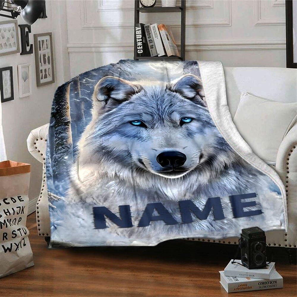 Mystical Wolf In Winter Forest Lightweight Customizable Blanket Personalized Text Durable Comfort Perfect For Sofa Couch Office Bed Picnics Allseason