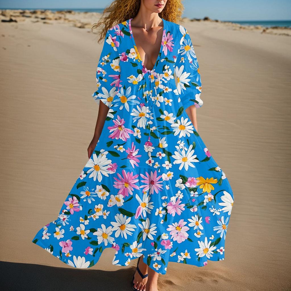 Women's Summer Fashion V-neck Retro Floral Print Short Sleeved Beach Dress With Lace Patchwork Dress