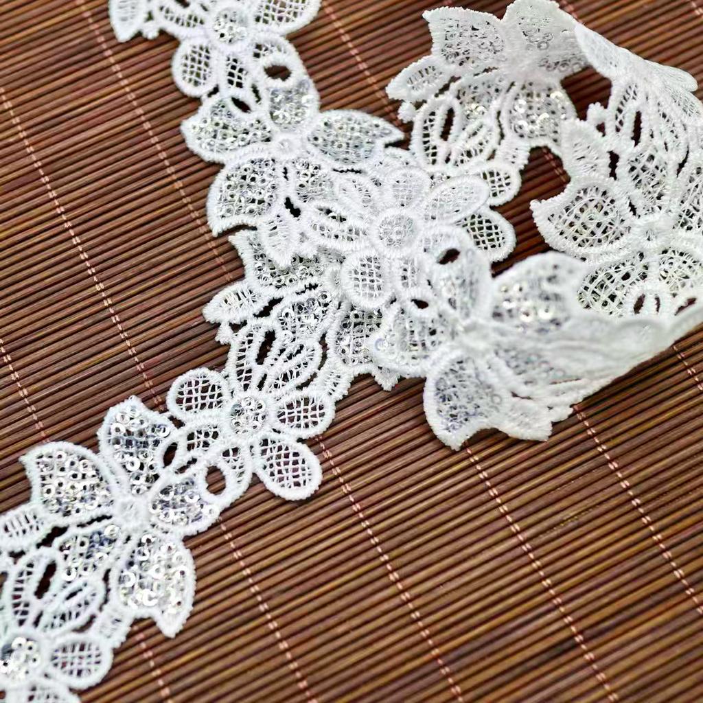 Sparkling Sequins Water-Soluble Polyester Embroidery Lace 3Cm Beads Diy Clothing Wedding Curtains Fabric Decoration