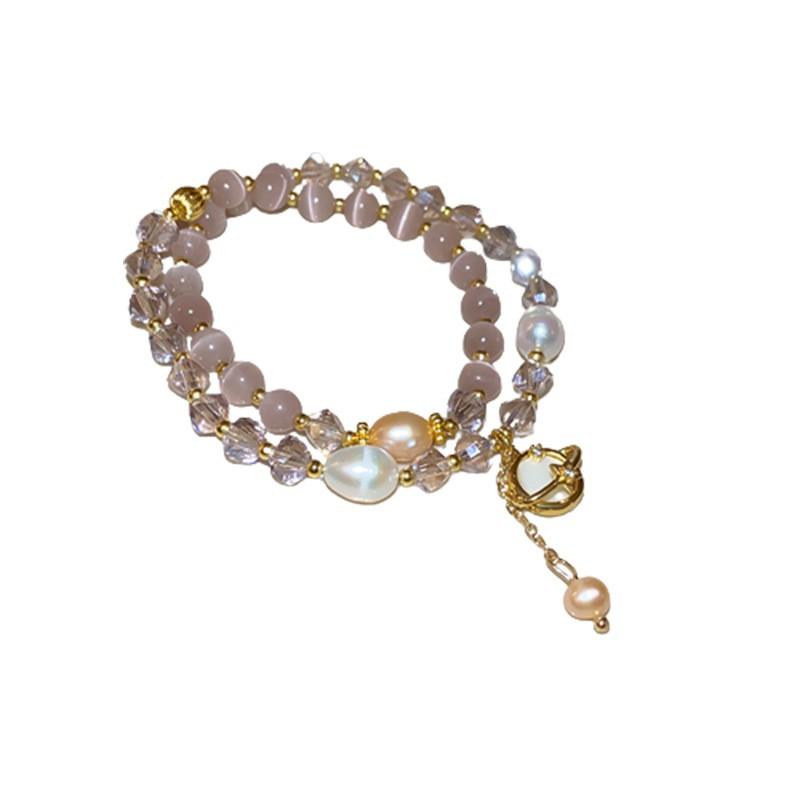 Layered Cats Eye Stone Pearl Bracelet Women Irregular Geometric Design Gold Pink Tone Lightweight Luxury Fashion Accessory