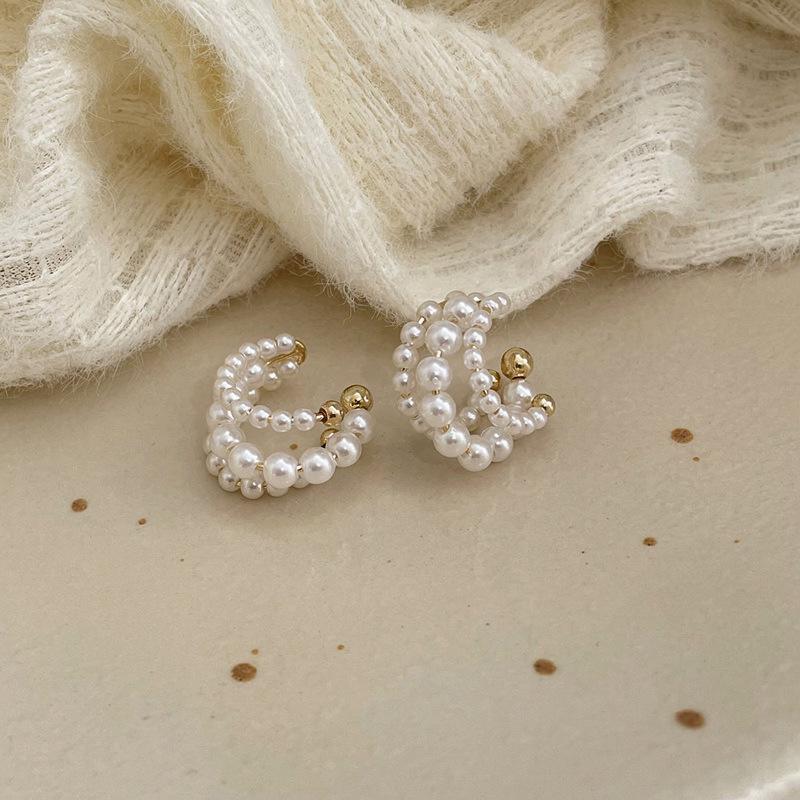 French Retro Pearl Beaded Three-Layer No-Piercing Ear Clip - Stylish, Elegant, High-End Cartilage Earring