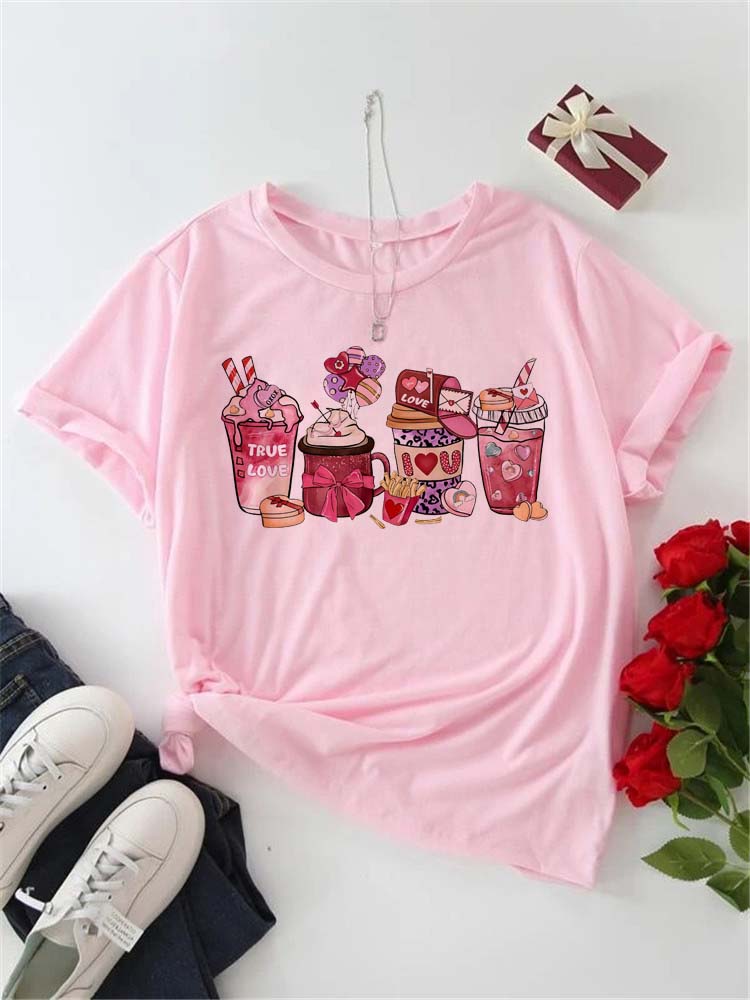 Women's T-shirt Korean Fashion Graphic Cup Print Women's Clothing T-shirts for Valentine's for Lovers Aesthetic Clothes Casual