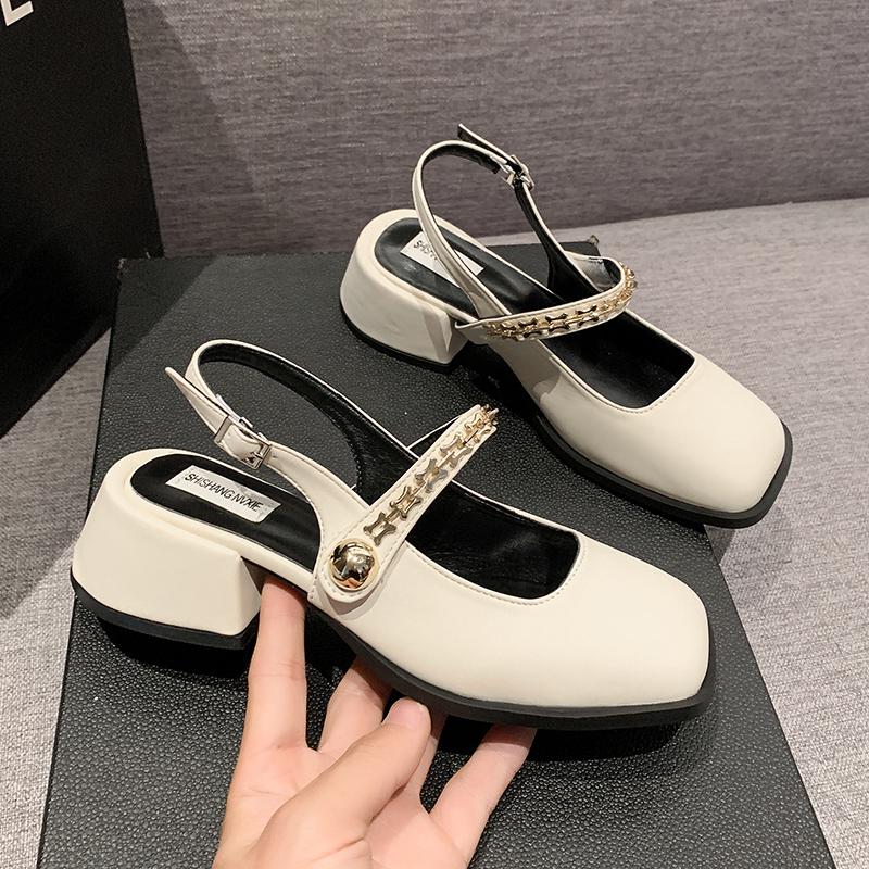 African Woman Shoe Mary Jane Summer High Heels Chunky Sandals Navy Blue Pumps Sweet 2024 Burgundy Straps Lolita Closed Black Bei