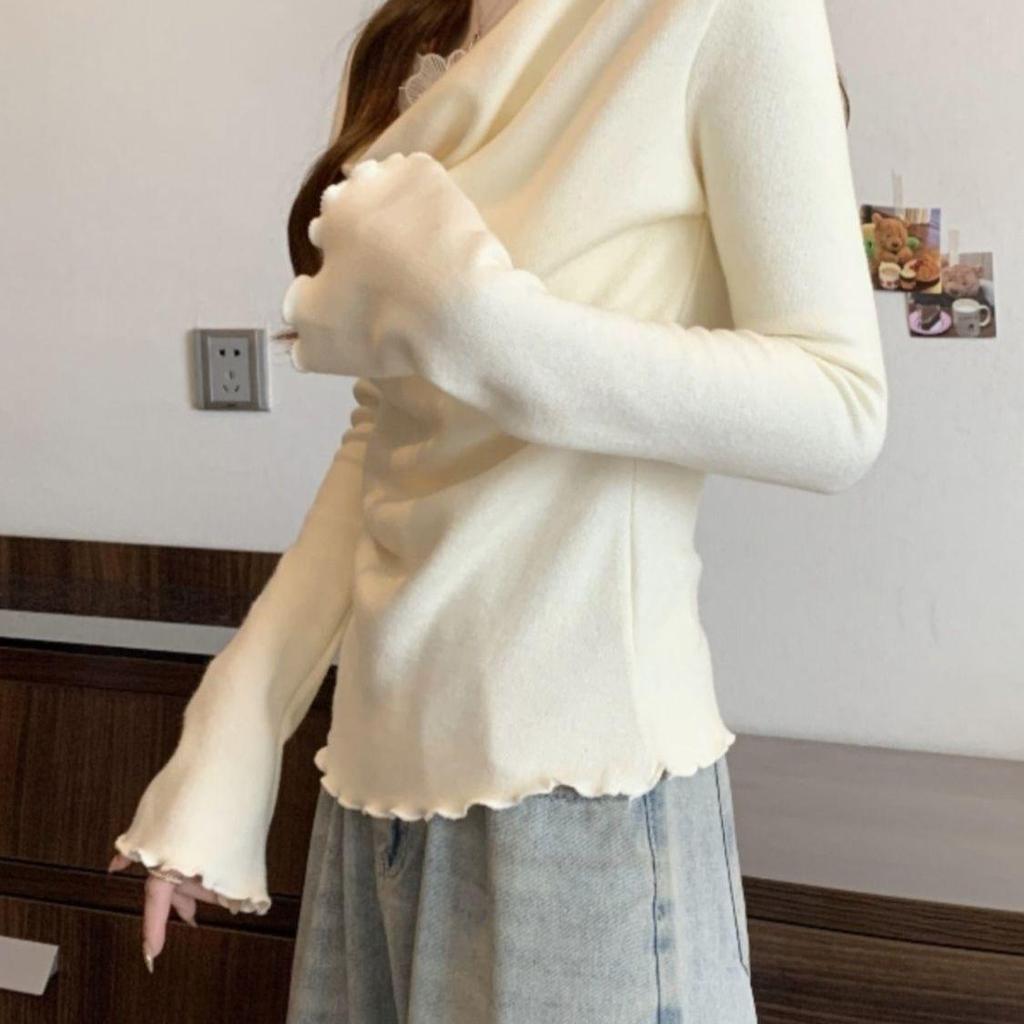 Plus Size Velvet Patchwork One-Shoulder Lace Long Sleeve T-shirt for Women - Slimming & Flaw-Hiding Spring/Autumn Base Layer