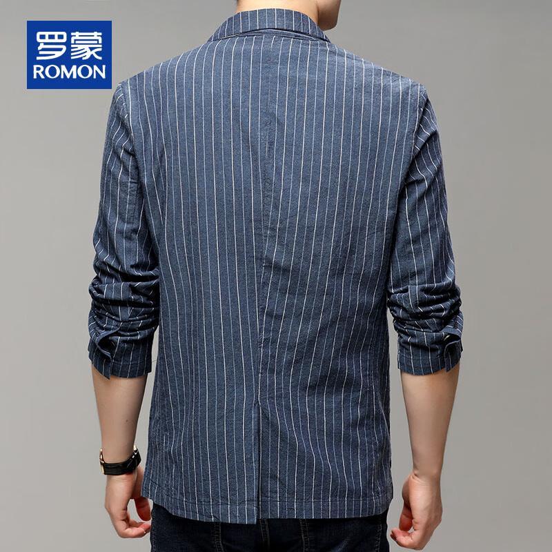 ROMON Men's Spring Autumn Linen Blend Slim Fit Striped Blazer