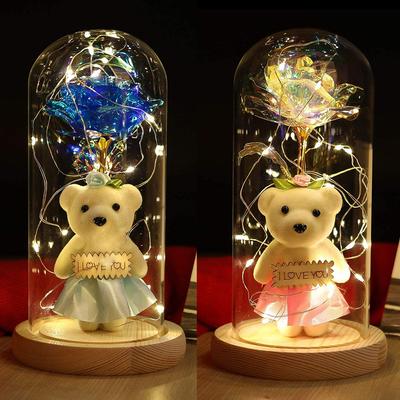 Rose de beauté enchantée et ours avec lumière LED dans un dôme en verre sur base en bois, veilleuse pour fête, fête des mères, anniversaire, cadeau de la Saint-Valentin