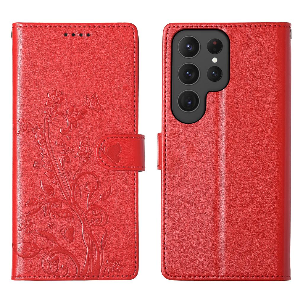 For Samsung Galaxy S25 Ultra Wallet Case Butterfly Floral Imprint PU Leather Phone Cover with Wrist Strap