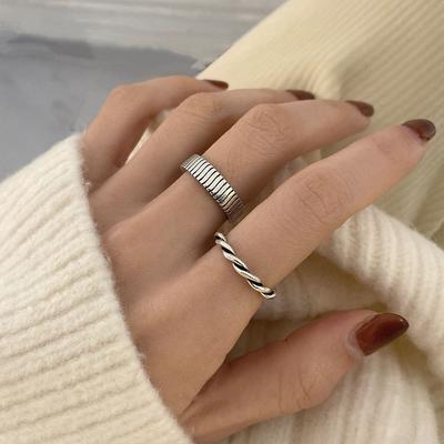 VENTFILLE 925  Silver Korean Geometric Twist Woven Open Ring Female Fashion Personality Simple Trend Retro Cool Jewelry