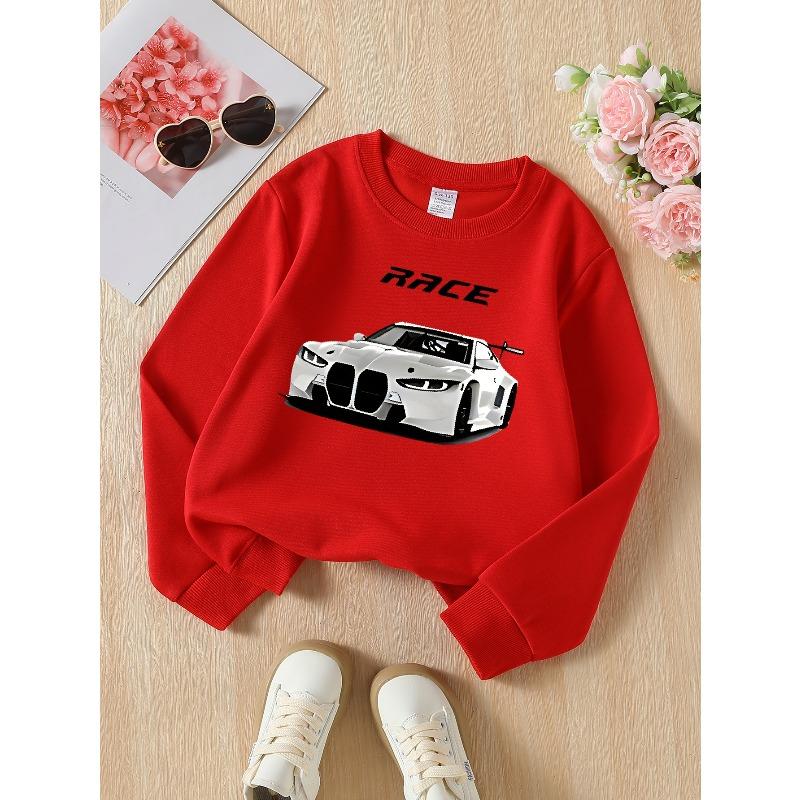 European Size Race Car Speed Design White Sport Crew Neck Fashion Sweatshirt, Autumn and Winter Western Style Top, Children's Long Sleeved