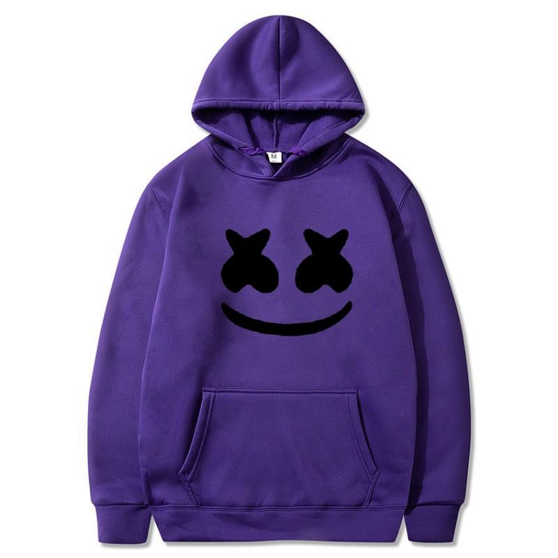 Mens Marshmello Smiley Face Hooded Sweatshirt Loose Fit Cotton Blend Winter Pullover