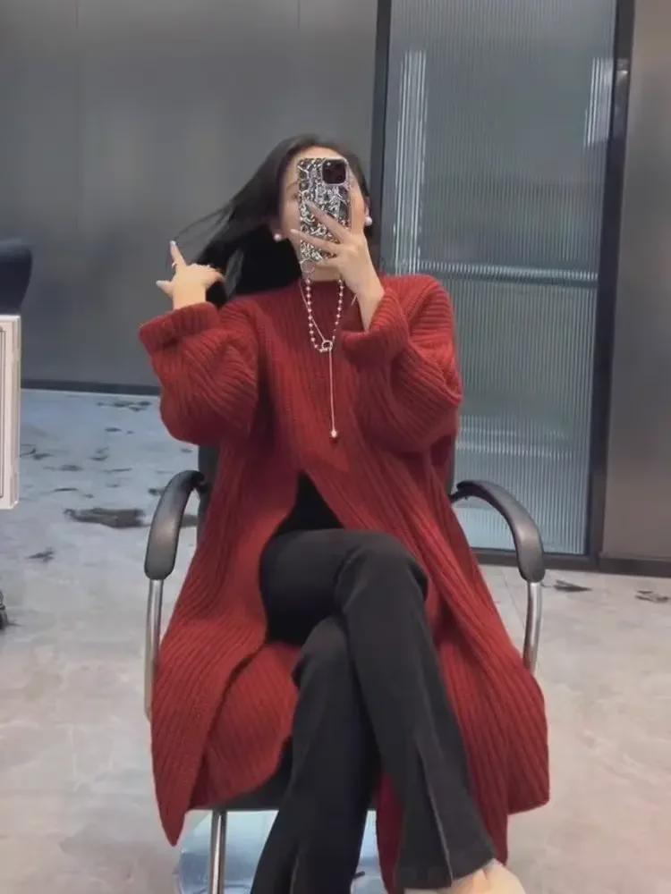 Women's Korean-Style Loose Sweater Dress, Side Slit, Over-Knee, Mid-Length, for Spring and Autumn 2025
